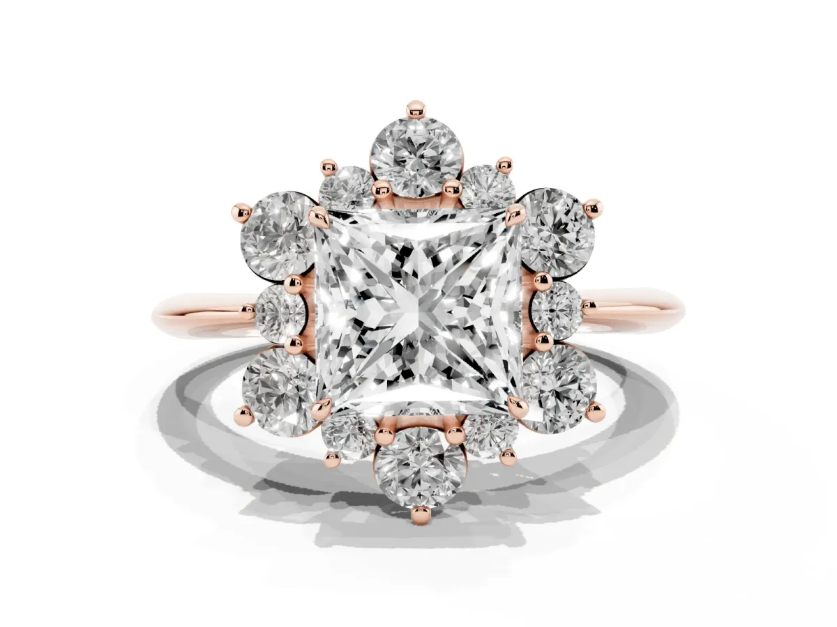 Princess Cut Diamond Cluster Halo Ring with Solitaire Band and Four-Prong Setting Rose gold