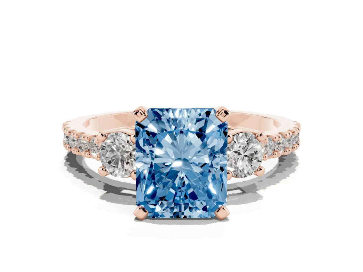 Fancy Blue Radiant Cut Three-Stone Diamond Pavé Band with Prong Setting Rose gold