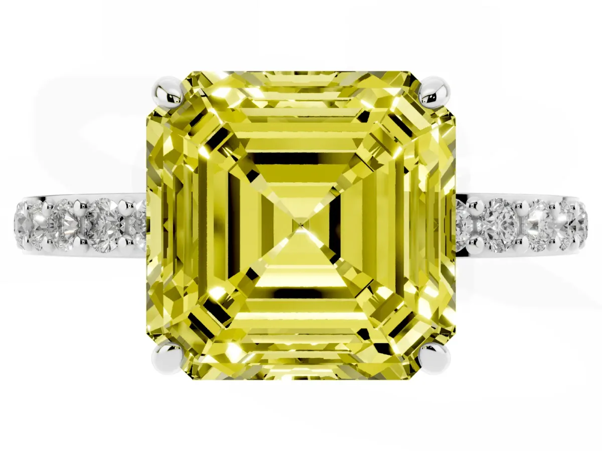 Fancy Yellow Asscher Cut Diamond Pavé Engagement Ring with Round Accents and Prong Setting Silver