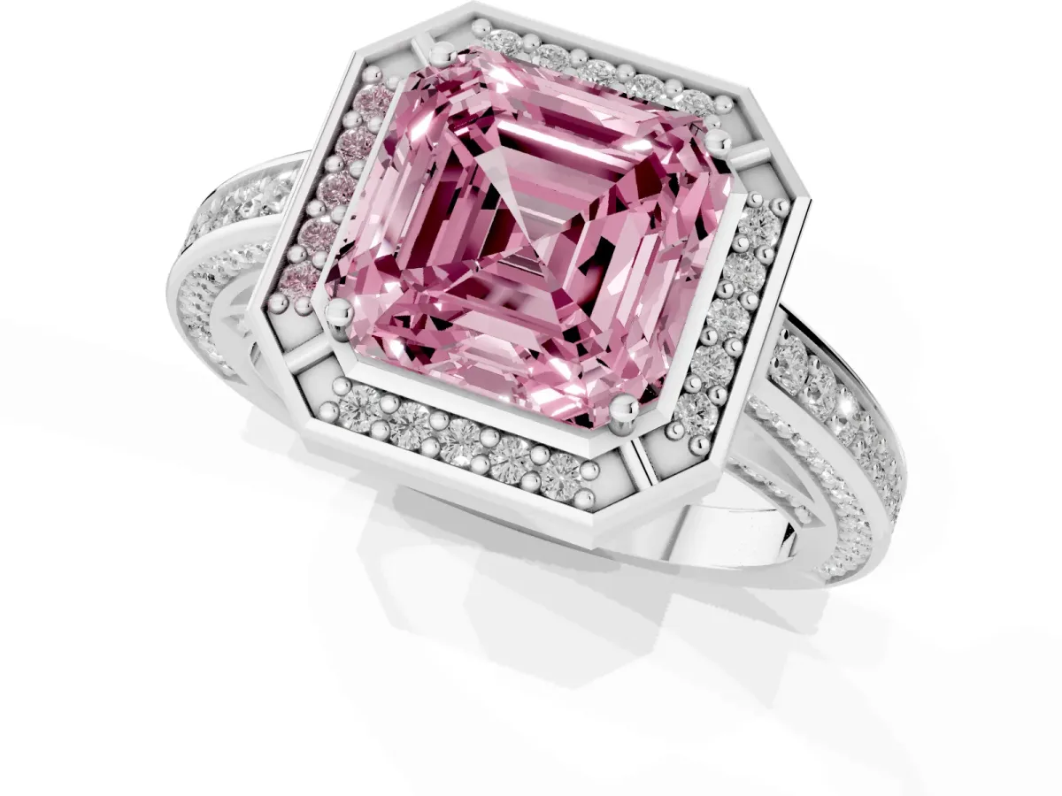 Fancy Pink Asscher Cut Cut Halo Pave Split Shank Prong Setting Ring Silver