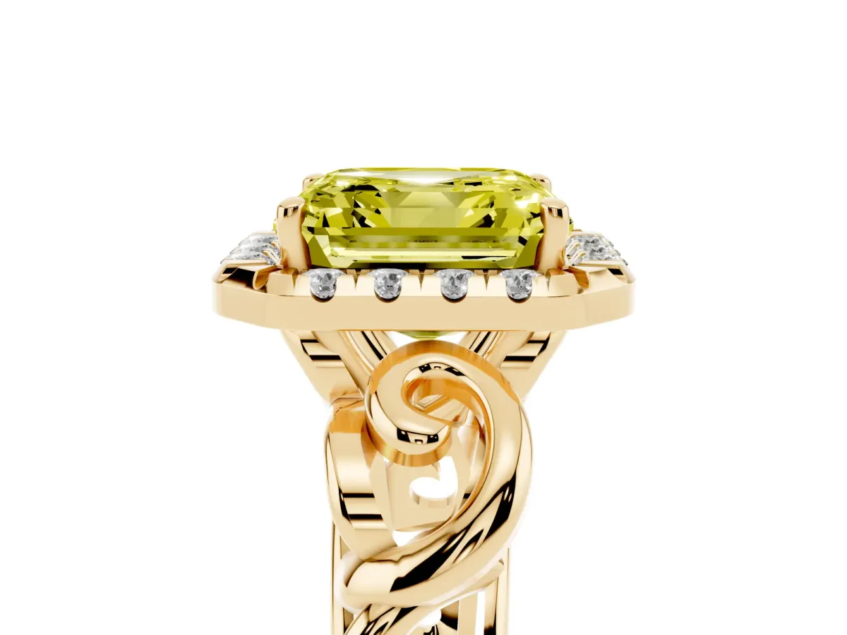 Fancy Yellow Asscher Cut Cut Halo Diamond Ring with Scrollwork Band and Four-Prong Setting Yellow gold