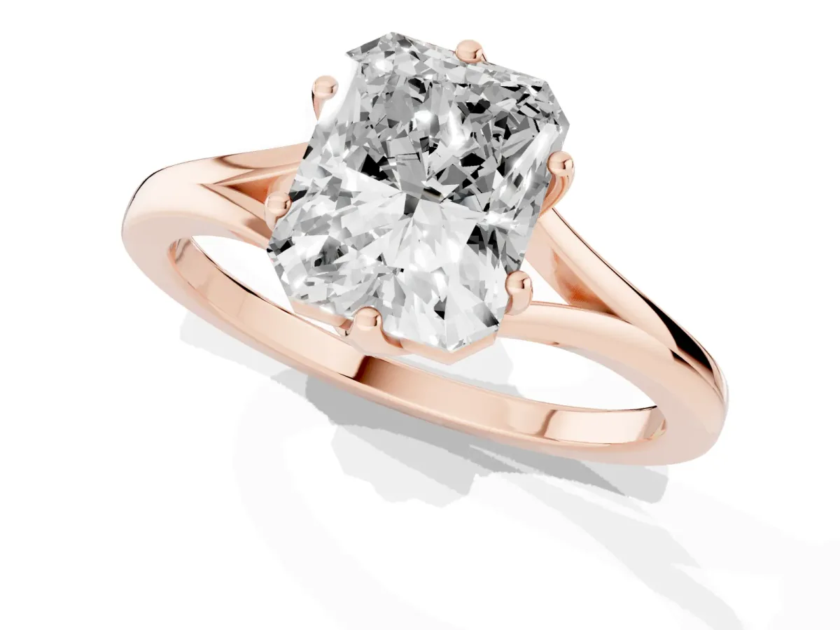 Radiant Cut Solitaire Diamond Ring with Six-Prong Setting and Tapered Band Rose gold