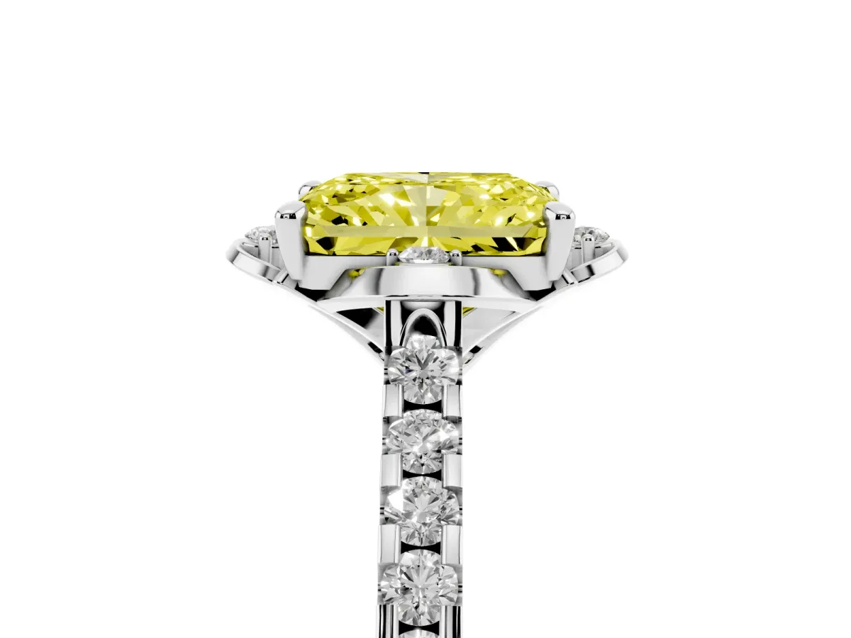 Fancy Yellow Radiant Cut Diamond Ring with Pavé Band and Floral Prong Setting White gold