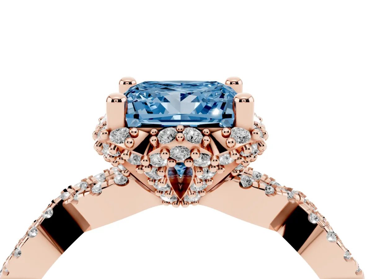 Fancy Blue Princess Cut Halo Twist Band Solitaire Ring with Six-Prong Setting Rose gold