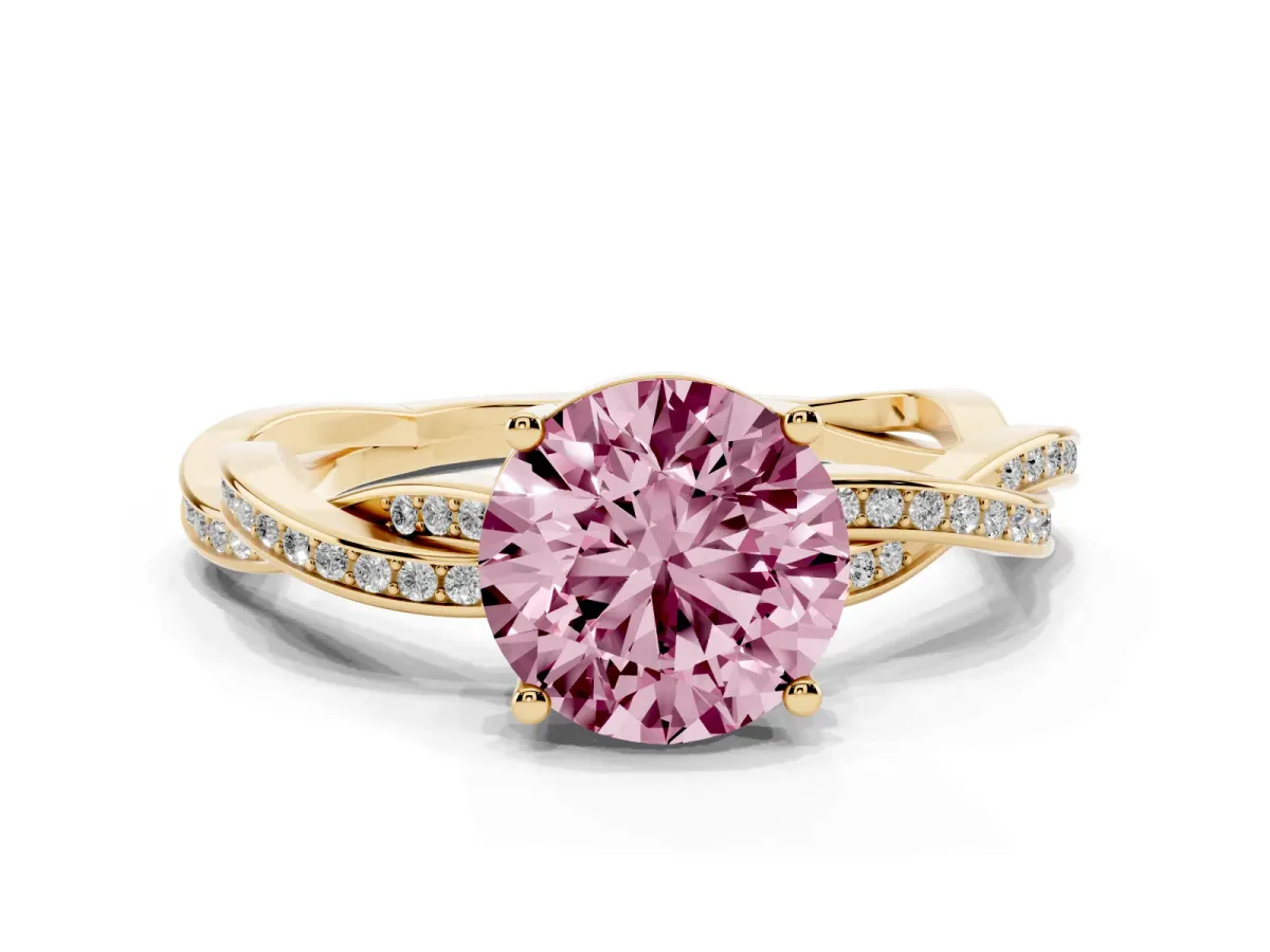 Fancy Pink Round Cut Solitaire Twisted Pave Diamond Ring with Four-Prong Setting Yellow gold