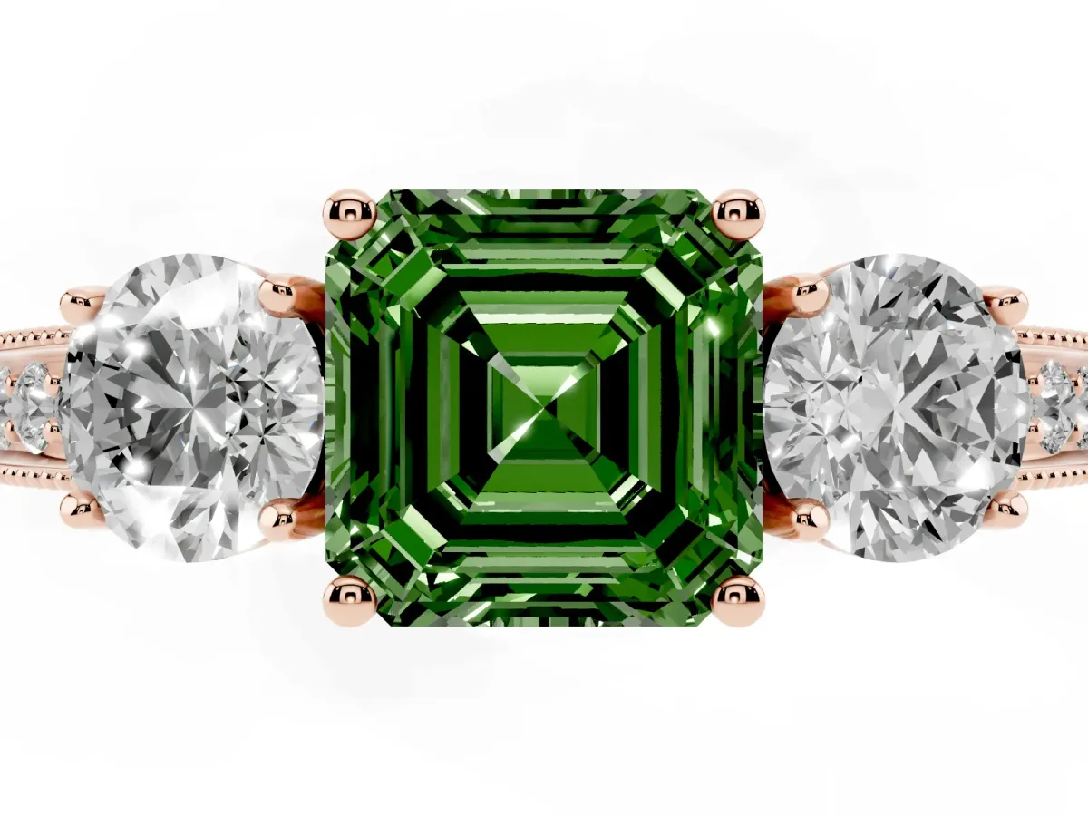 Fancy Green Asscher Cut Three-Stone Diamond Ring with Pavé Band and Four-Prong Setting Rose gold
