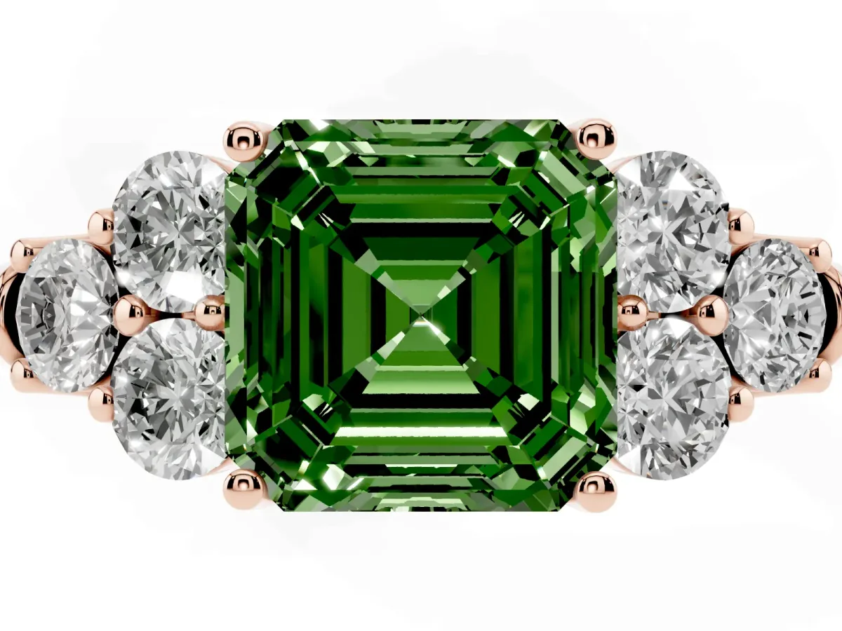 Fancy Green Asscher Cut Cut Diamond Cluster Ring with Round Accent Stones and Prong Setting on a Classic Band Rose gold