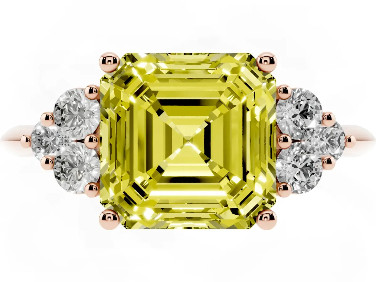 Fancy Yellow Asscher Cut Cut Diamond Cluster Ring with Solitaire Band and Four-Prong Setting Rose gold