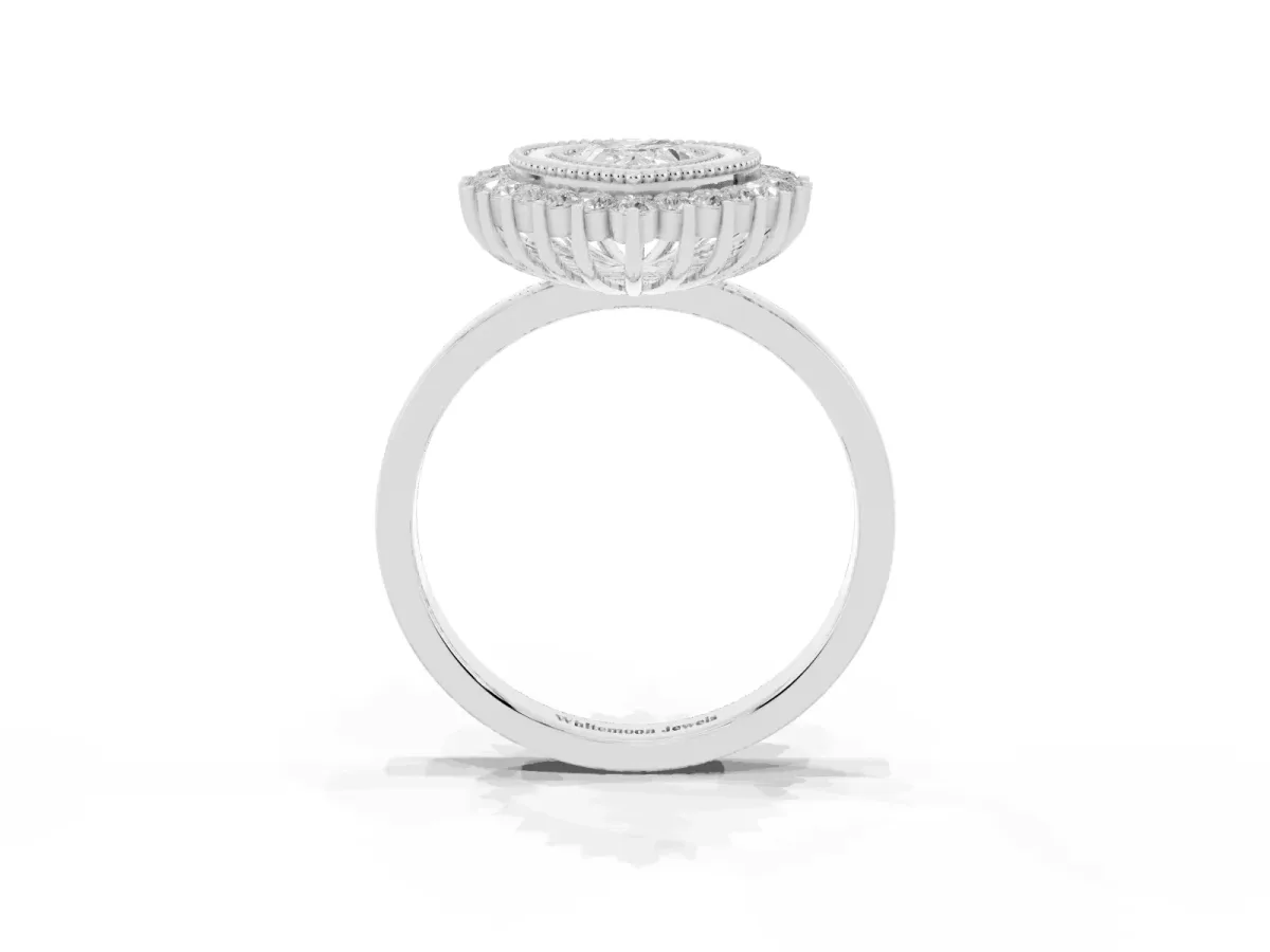 Pear Cut Halo Diamond Ring with Milgrain Edge and Round Prong Setting Silver