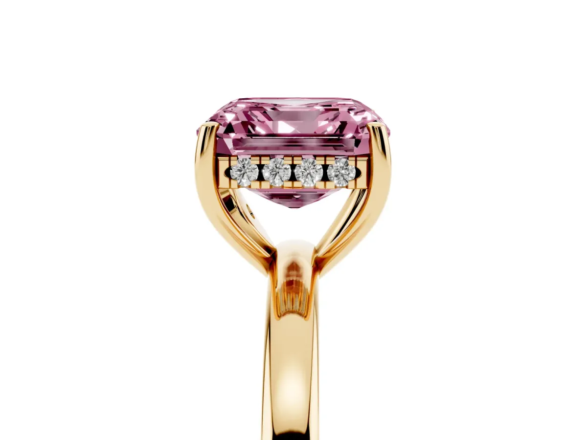 Fancy Pink Asscher Cut Solitaire Diamond Ring with Prong Setting and Plain Band Yellow gold