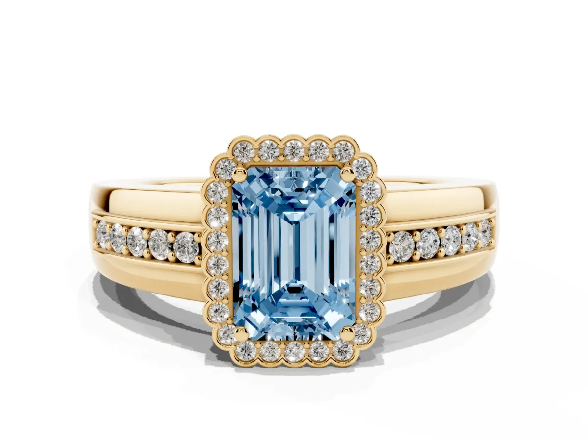 Fancy Blue Emerald Cut Cut Halo Pave Band Four-Prong Ring Yellow gold