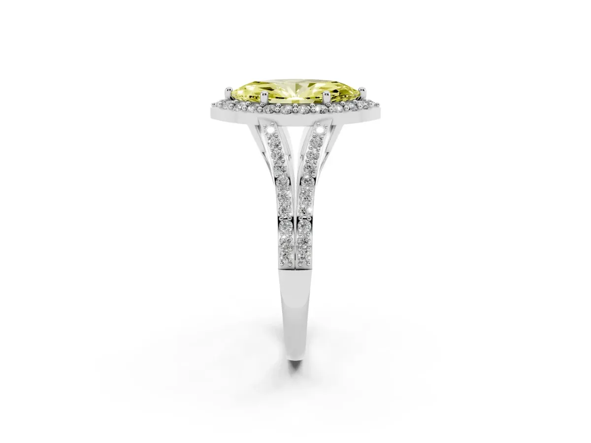 Fancy Yellow Marquise Cut Halo Split Shank Diamond Ring with Prong Setting Platinum