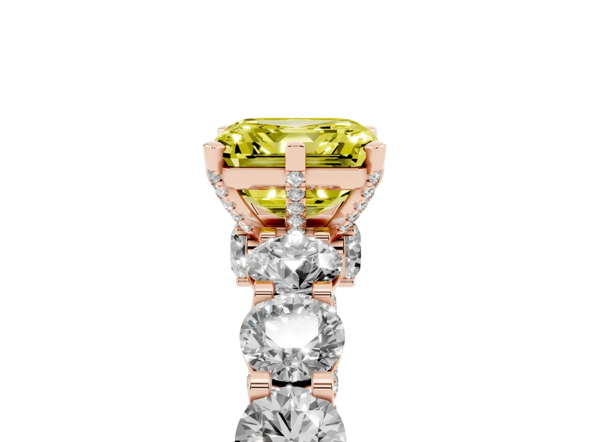 Fancy Yellow Asscher Cut Diamond Side Stone Engagement Ring with Four-Prong Setting Rose gold