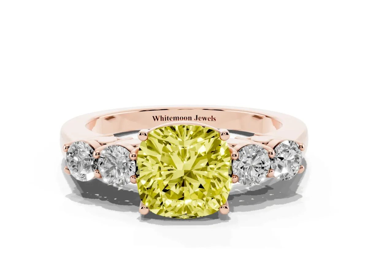 Fancy Yellow Cushion Cut Cut Diamond Five-Stone Prong Set White Gold Ring Rose gold
