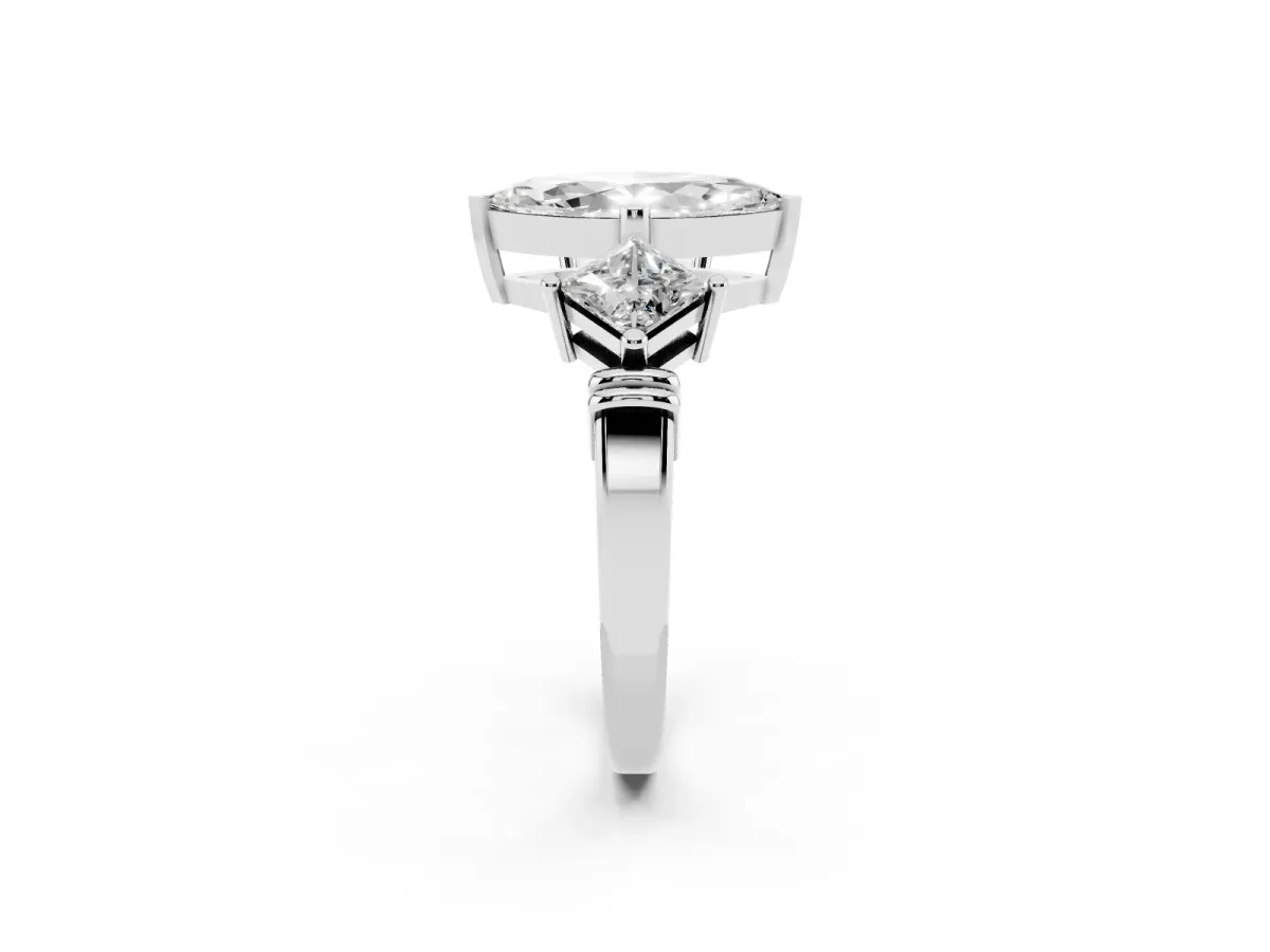 Three-Stone Marquise Cut and Princess Cut Diamond Ring with Channel Band and Four-Prong Setting White gold