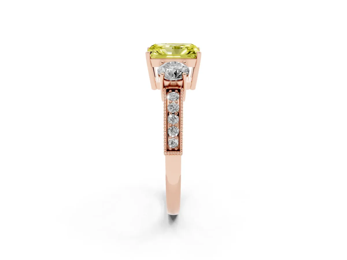 Fancy Yellow Radiant Cut Three-Stone Diamond Ring with Pavé Band and Four-Prong Setting Rose gold