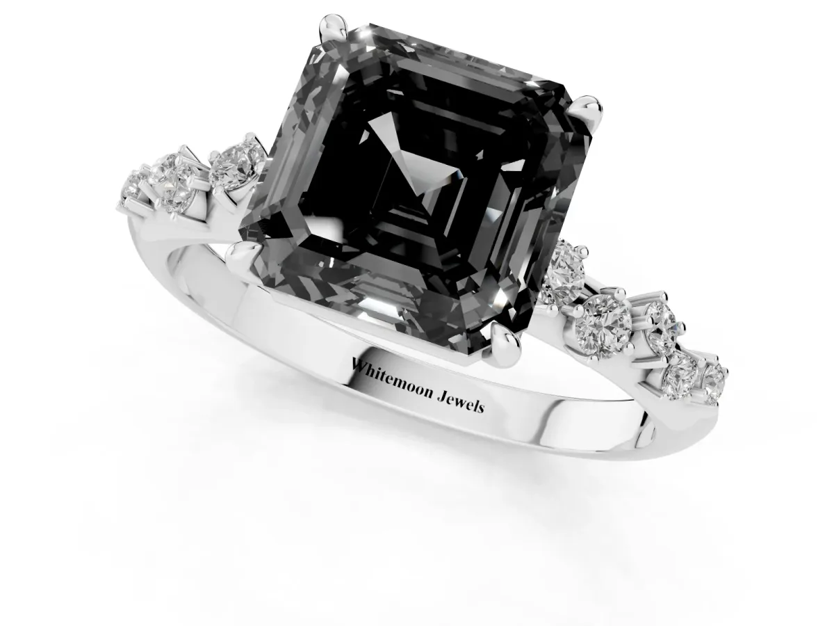 Fancy Black Asscher Cut Diamond Cluster Side Stone Solitaire Ring with Prong Setting Silver
