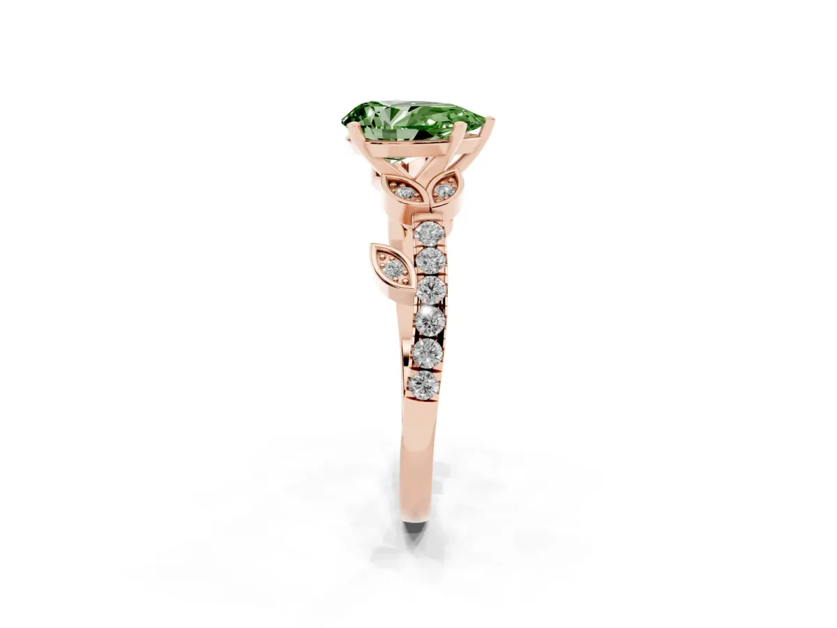 Fancy Green Pear Cut Solitaire Leaf-Inspired Diamond Ring with Pavé Band and Four-Prong Setting Rose gold