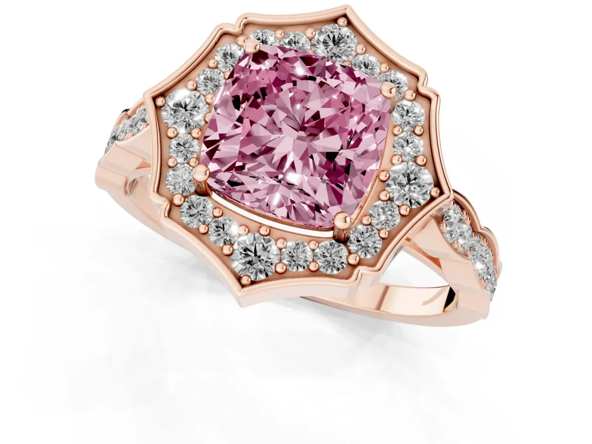 Fancy Pink Cushion Cut Halo Diamond Engagement Ring with Milgrain Band and Four-Prong Setting Rose gold