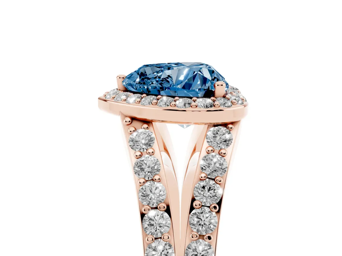 Fancy Blue Heart Cut Diamond Split Shank Halo Ring with Four-Prong Setting Rose gold