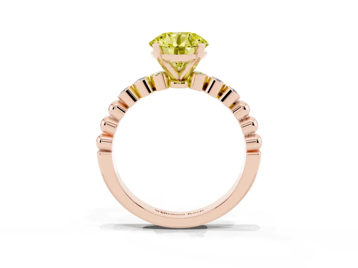 Fancy Yellow Round Cut Solitaire Bezel Accent Diamond Engagement Ring with Beaded Band and Four-Prong Setting Rose gold