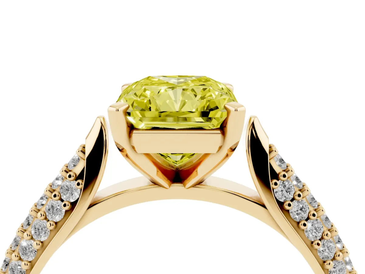 Fancy Yellow Radiant Cut Diamond Solitaire Engagement Ring with Multi-Row Round Pavé Band and Prong Setting Yellow gold