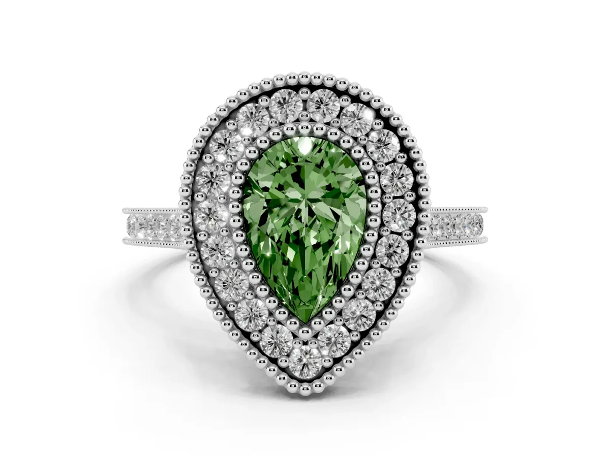 Fancy Green Pear Cut Diamond Halo Ring with Milgrain Frame and Pavé Band Silver