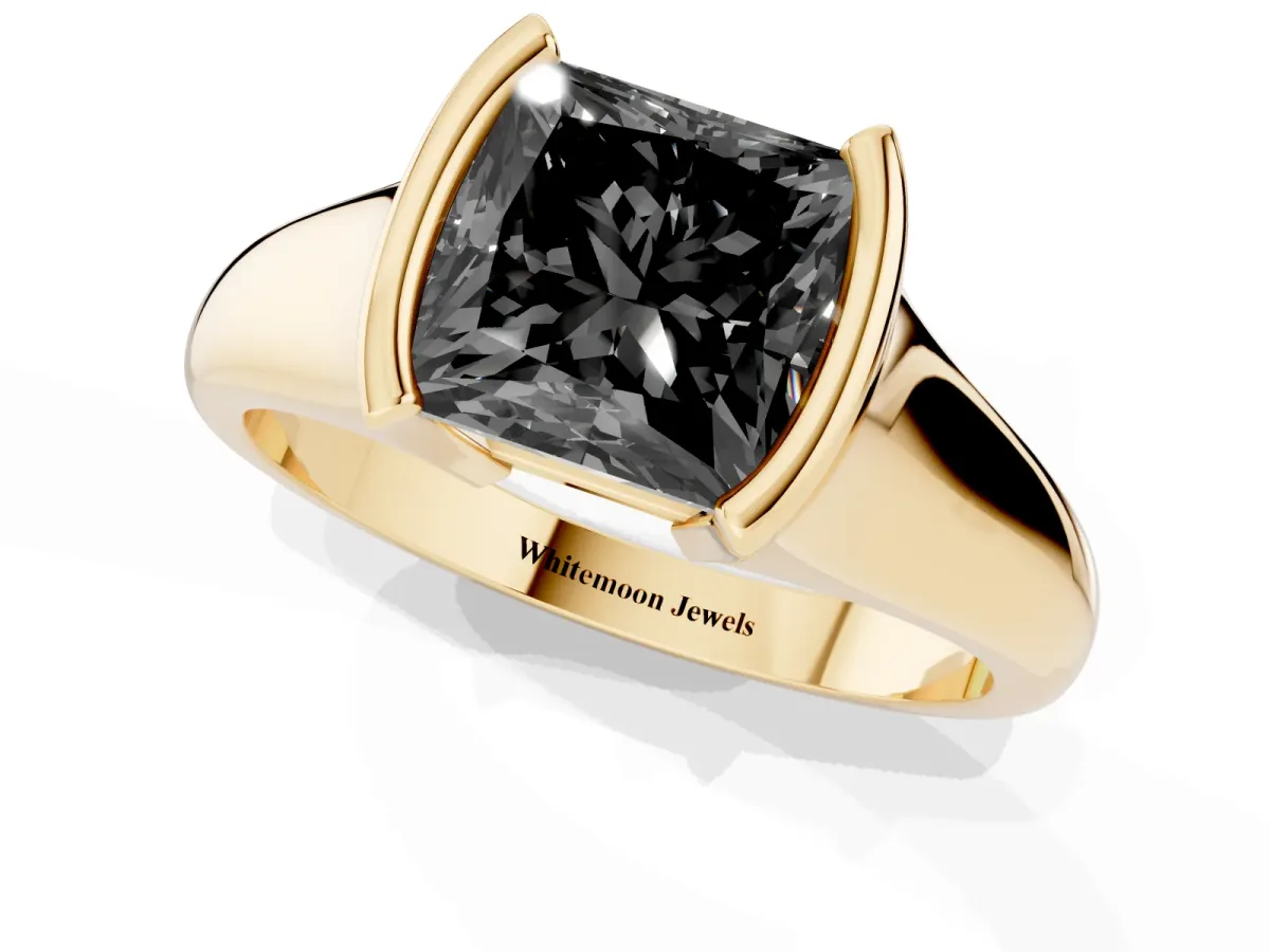 Fancy Black Princess Cut Solitaire Tension Set Diamond Ring with Split Shank Band Yellow gold