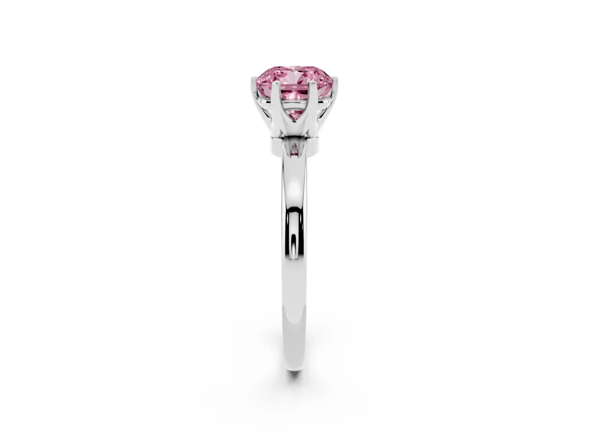 Fancy Pink Cushion Cut Solitaire Diamond Ring with Six-Prong Setting on a Classic Band Silver