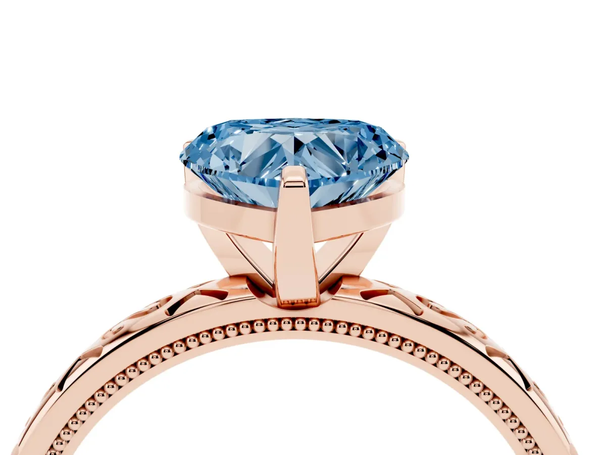Fancy Blue Heart Cut Solitaire Engagement Ring with Scrollwork Band and Four-Prong Setting Rose gold