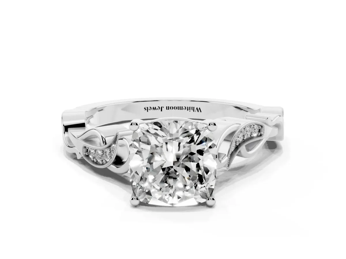 Cushion Cut Solitaire Vine Band with Milgrain Prong Setting Silver
