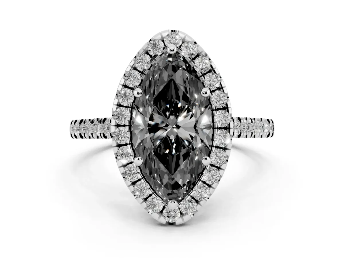 Fancy Black Marquise Cut Diamond Cushion Halo Ring with Pavé Band Platinum