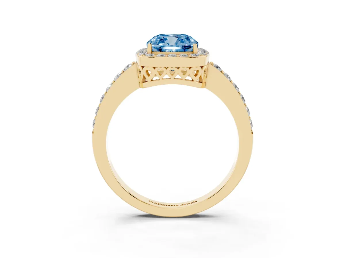 Fancy Blue Cushion Cut Halo Diamond Pavé Band Ring with Prong Setting Yellow gold
