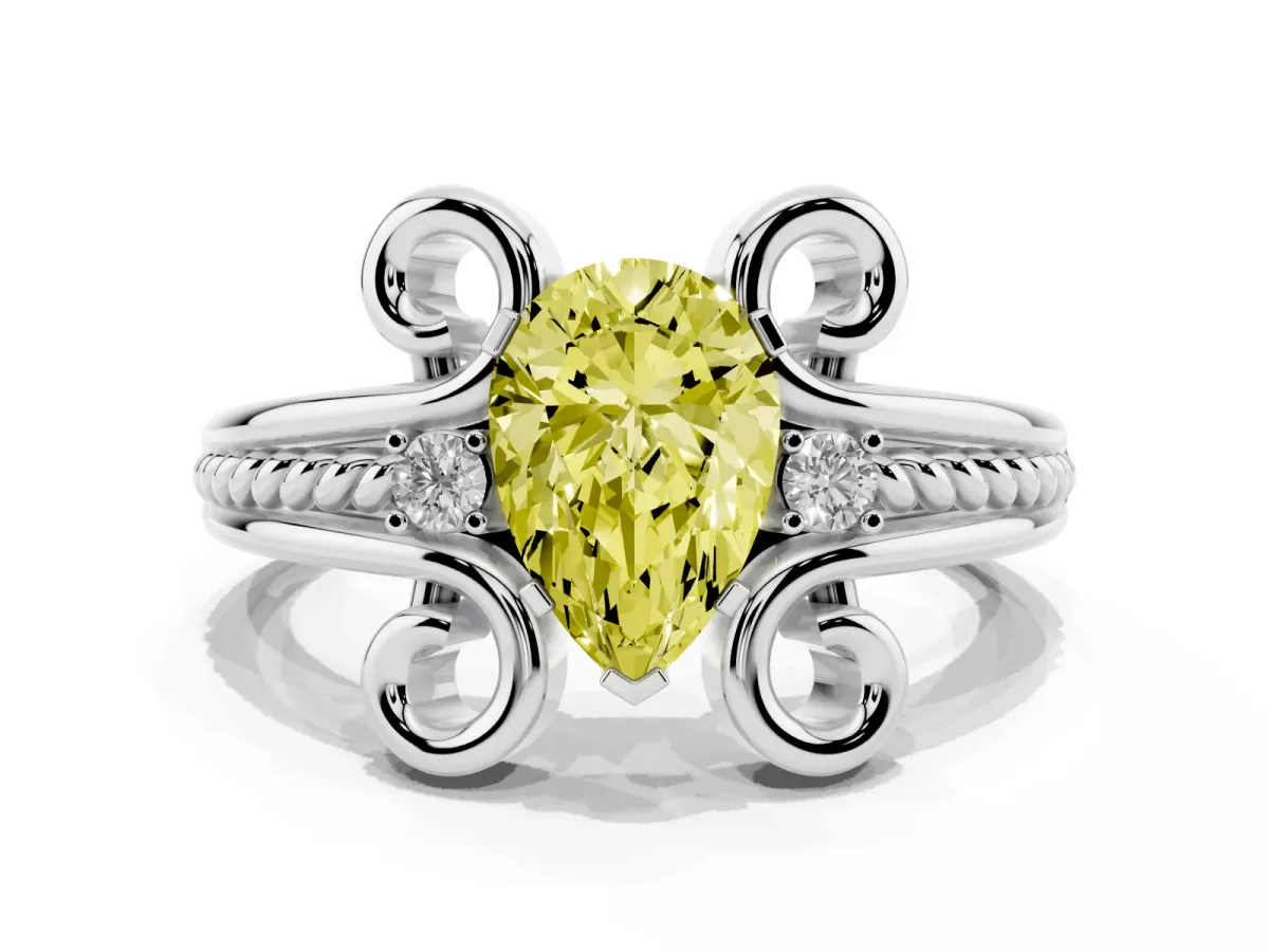 Fancy Yellow Pear Cut Solitaire Twisted Band Scroll Prong Ring Silver