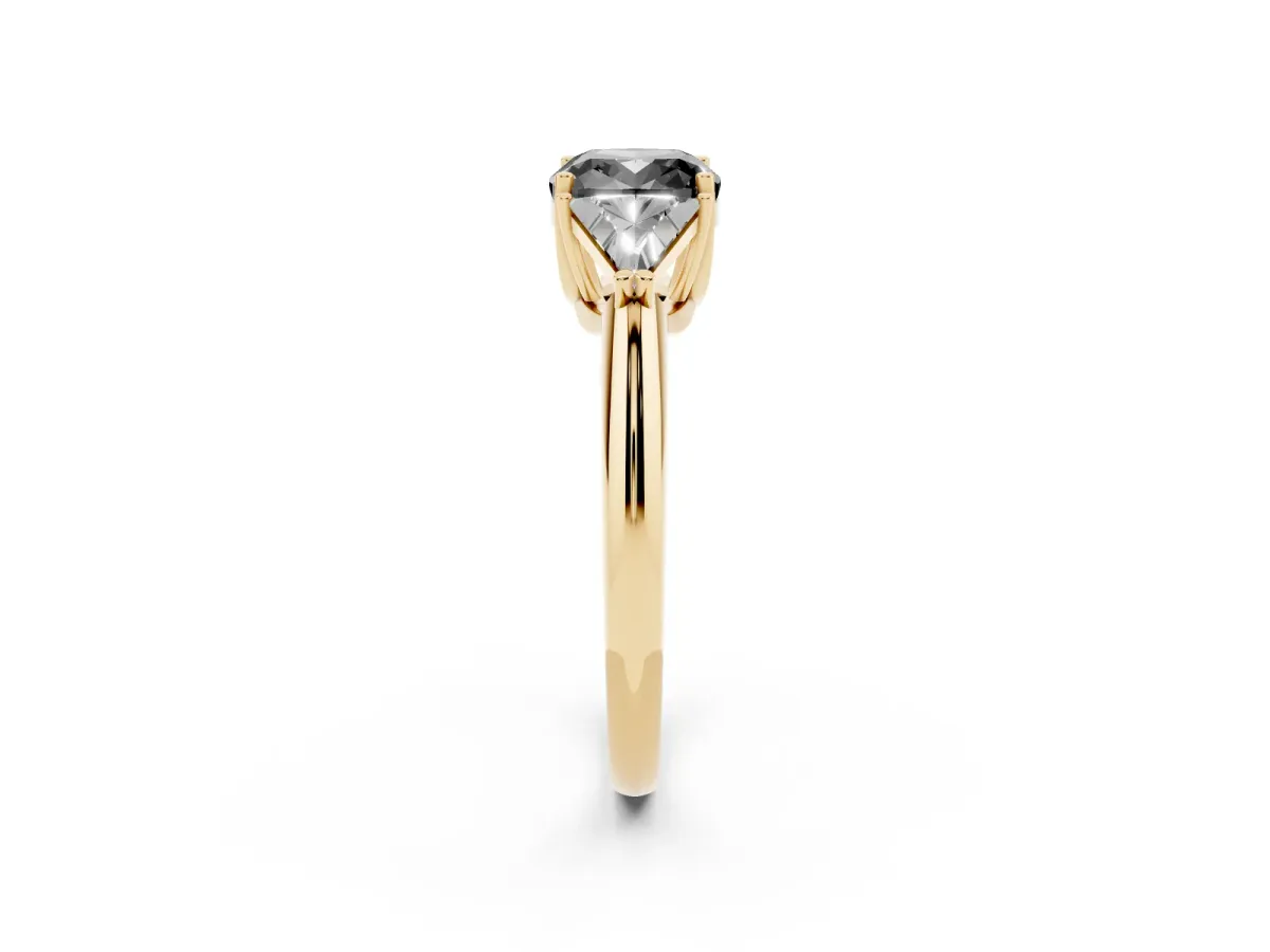 Fancy Black Three-Stone Cushion Cut Diamond Engagement Ring with Trillion Side Stones and Prong Setting Yellow gold