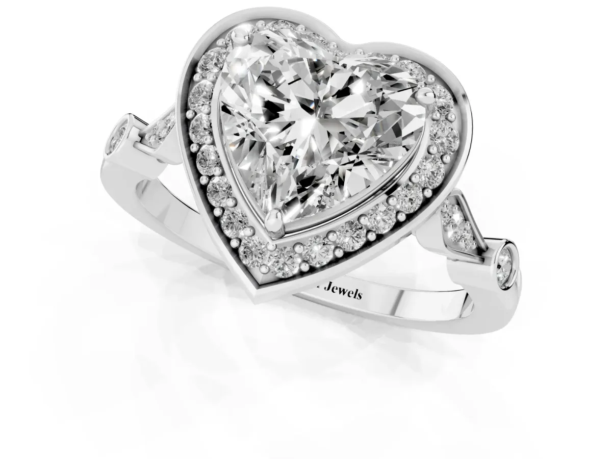 Heart Cut Halo Diamond Engagement Ring with Twisted Band and Four-Prong Setting White gold