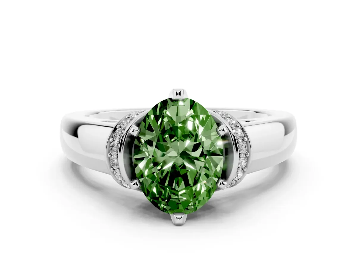 Fancy Green Oval Cut Solitaire Diamond Ring with Pave Band and Six-Prong Setting Silver