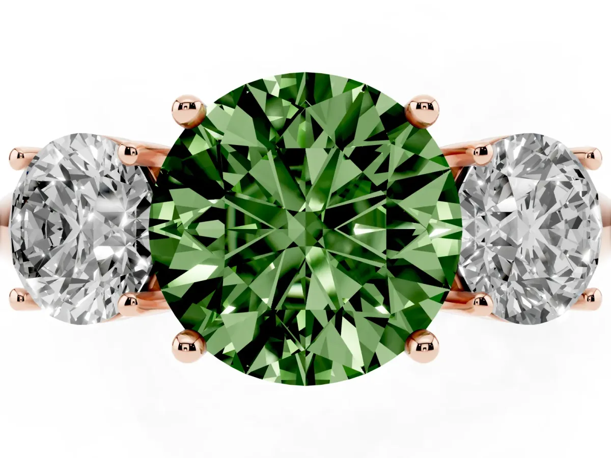 Fancy Green Three-Stone Round Cut Cut Diamond Engagement Ring with Prong Setting on a White Gold Band Rose gold