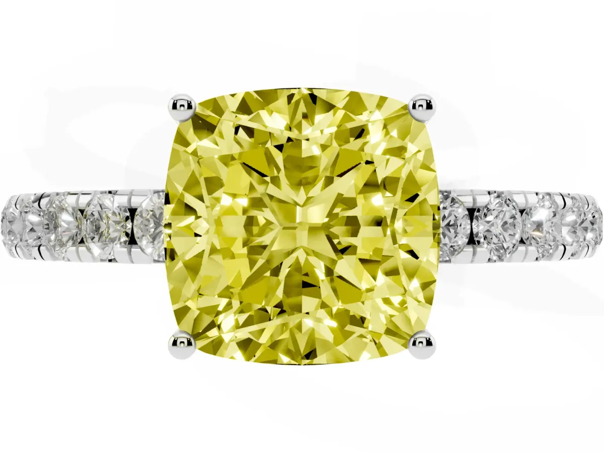 Fancy Yellow Cushion Cut Diamond Pavé Solitaire Engagement Ring with Four-Prong Setting Silver