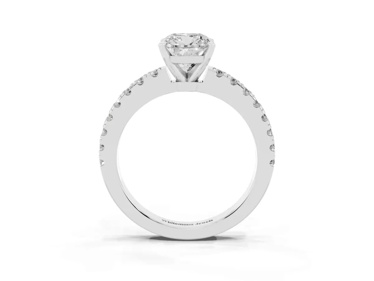 Cushion Cut Solitaire Diamond with Pavé Band and Four-Prong Setting Silver