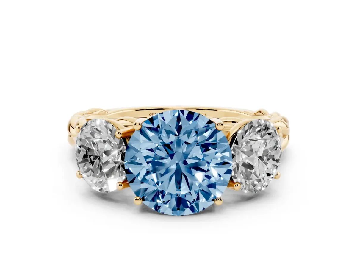 Fancy Blue Three-Stone Round Cut Diamond Braided Band Ring with Four-Prong Setting Yellow gold