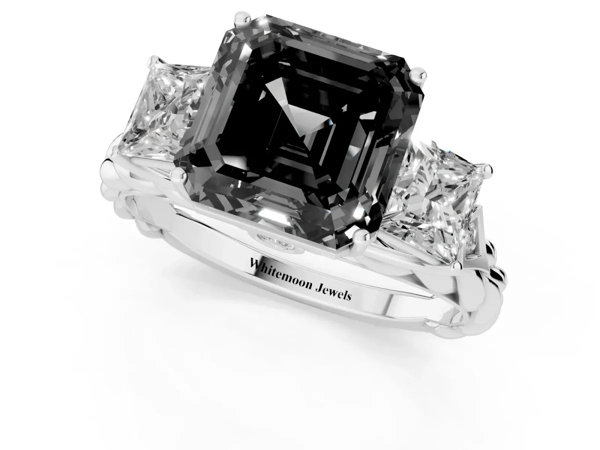 Fancy Black Three-Stone Asscher Cut Diamond Braided Band Ring with Four-Prong Setting Silver