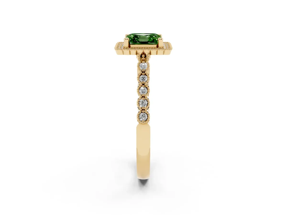 Fancy Green Asscher Cut Cut Halo Pavé Solitaire Ring with Milgrain Band Yellow gold