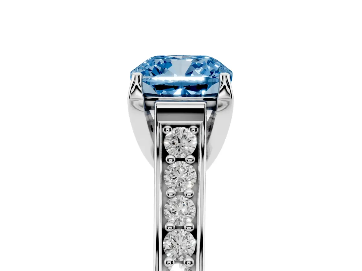 Fancy Blue Cushion Cut Brilliant Cut Diamond Engagement Ring with Pavé Band and Four-Prong Setting White gold
