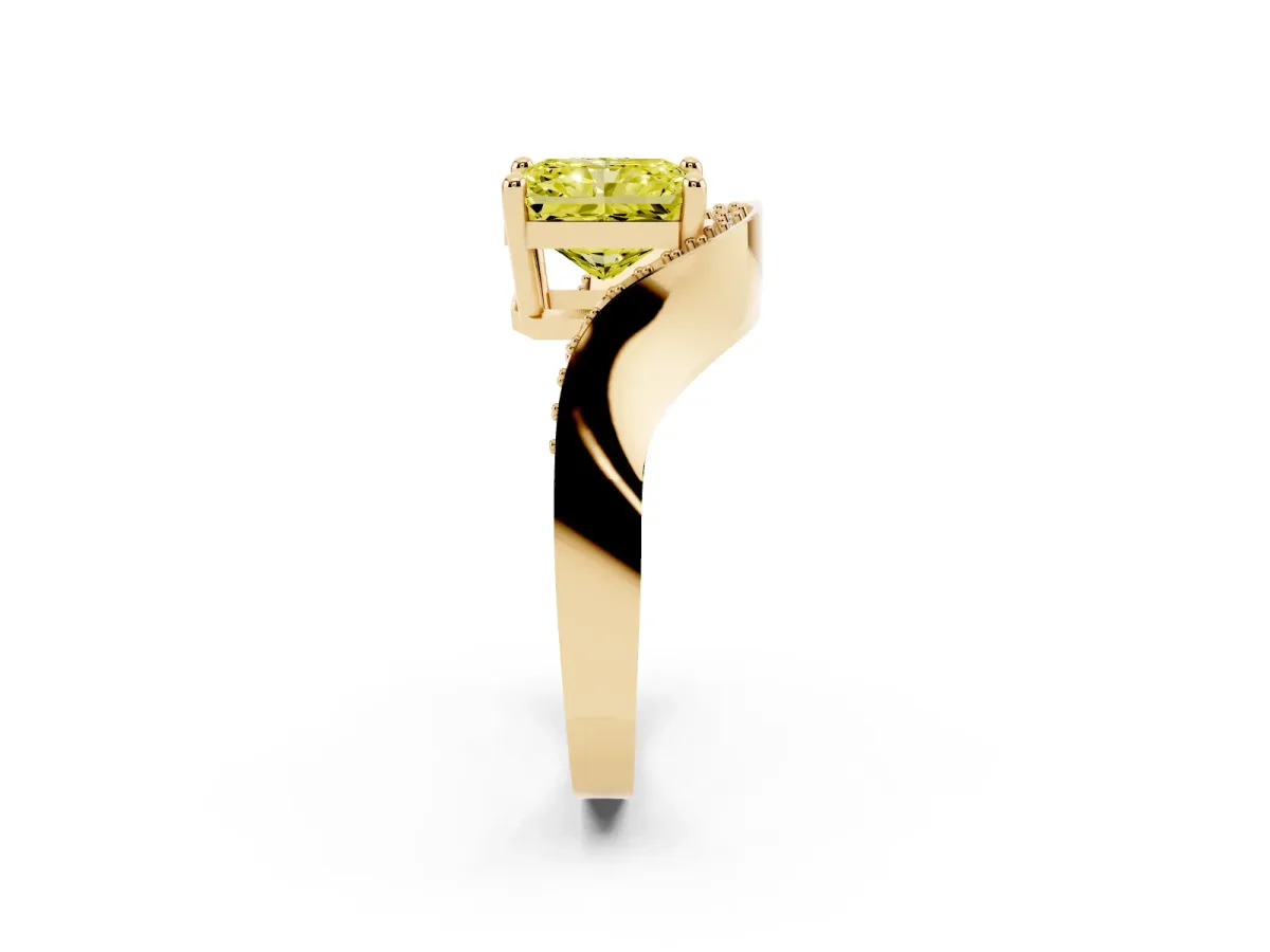 Fancy Yellow Radiant Cut Solitaire Diamond Engagement Ring with Pave Band and Four-Prong Setting Yellow gold