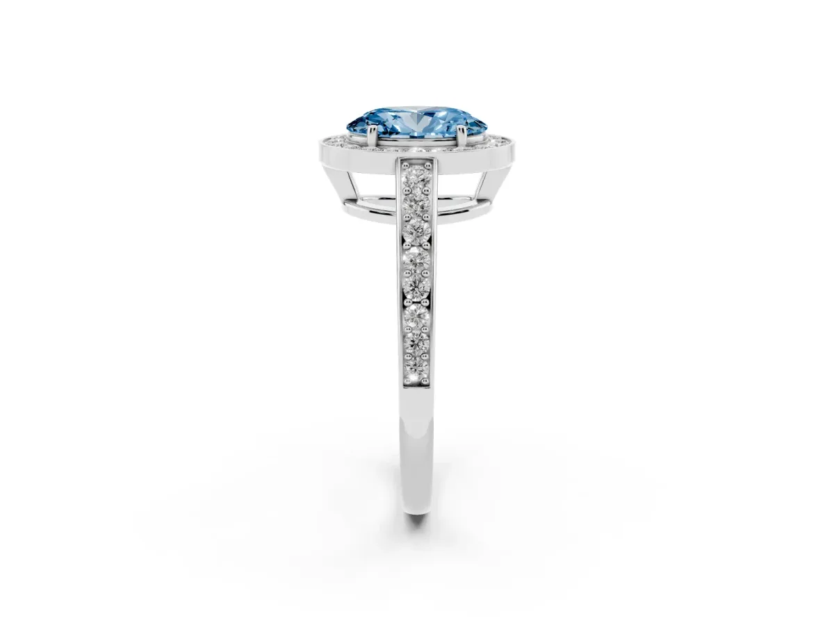 Fancy Blue Oval Cut Halo Pavé Diamond Engagement Ring with Bezel Setting Silver