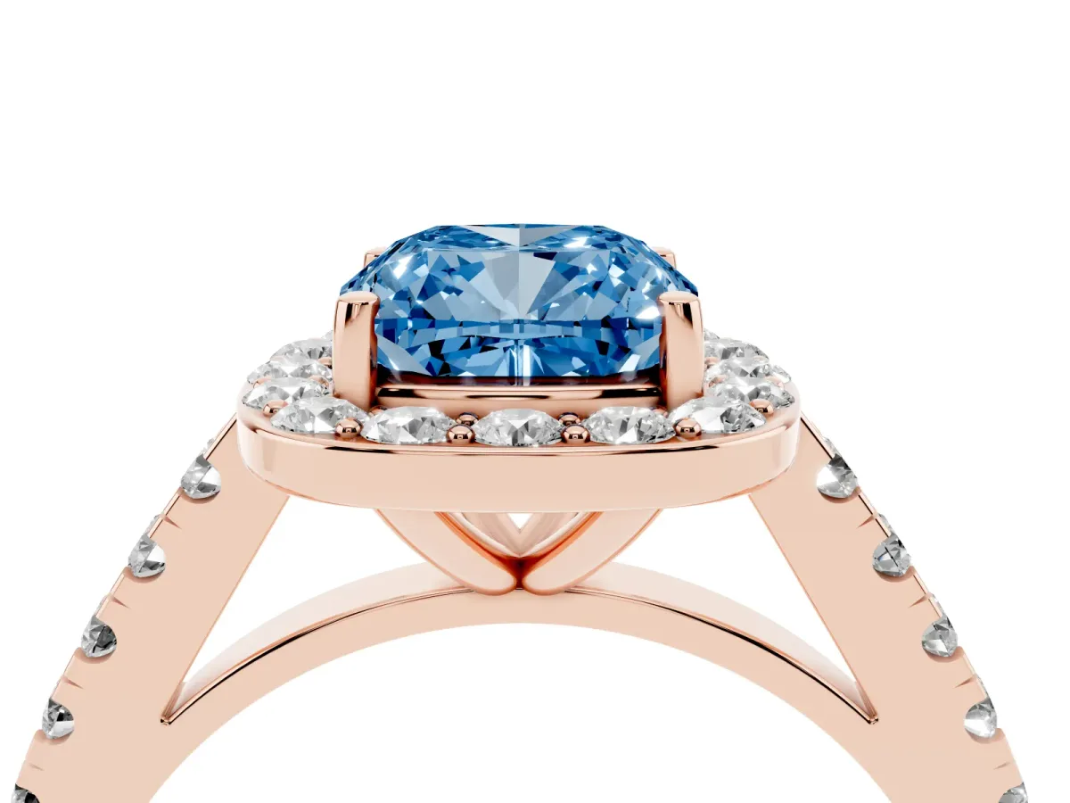 Fancy Blue Cushion Cut Diamond Halo Ring with Round Pavé Split Shank and Prong Setting Rose gold
