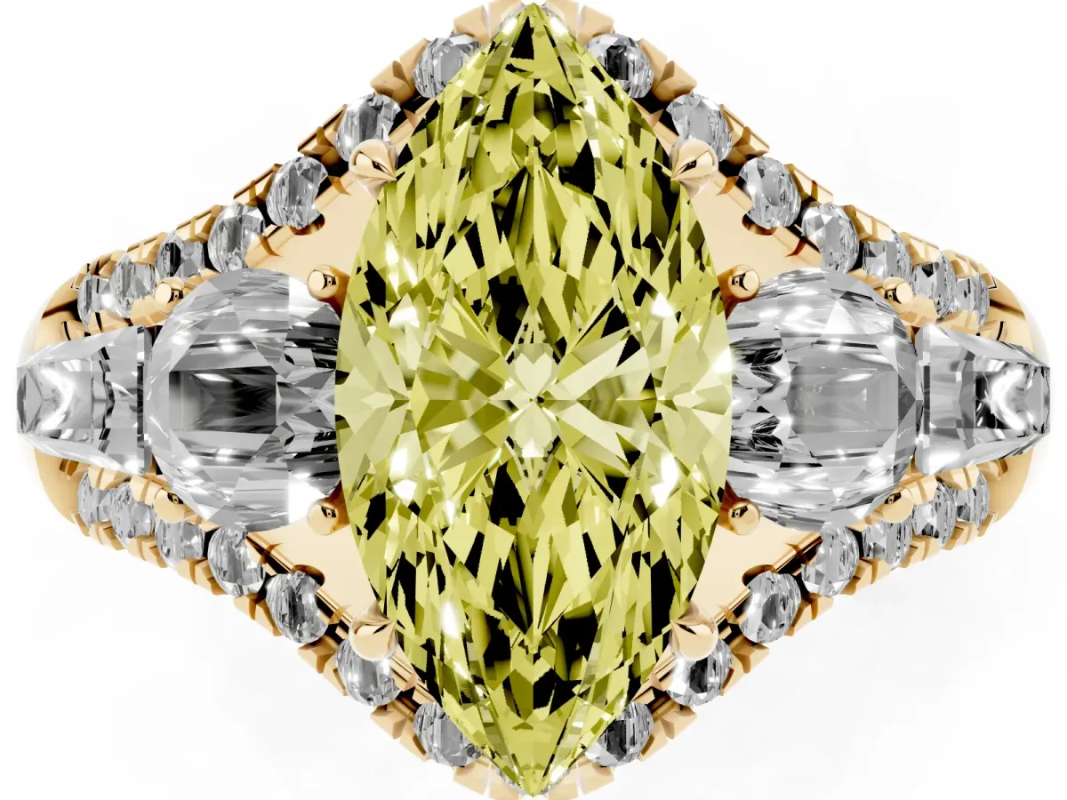 Fancy Yellow Three-Stone Marquise Cut Diamond Engagement Ring with Pave Band and Prong Setting Yellow gold