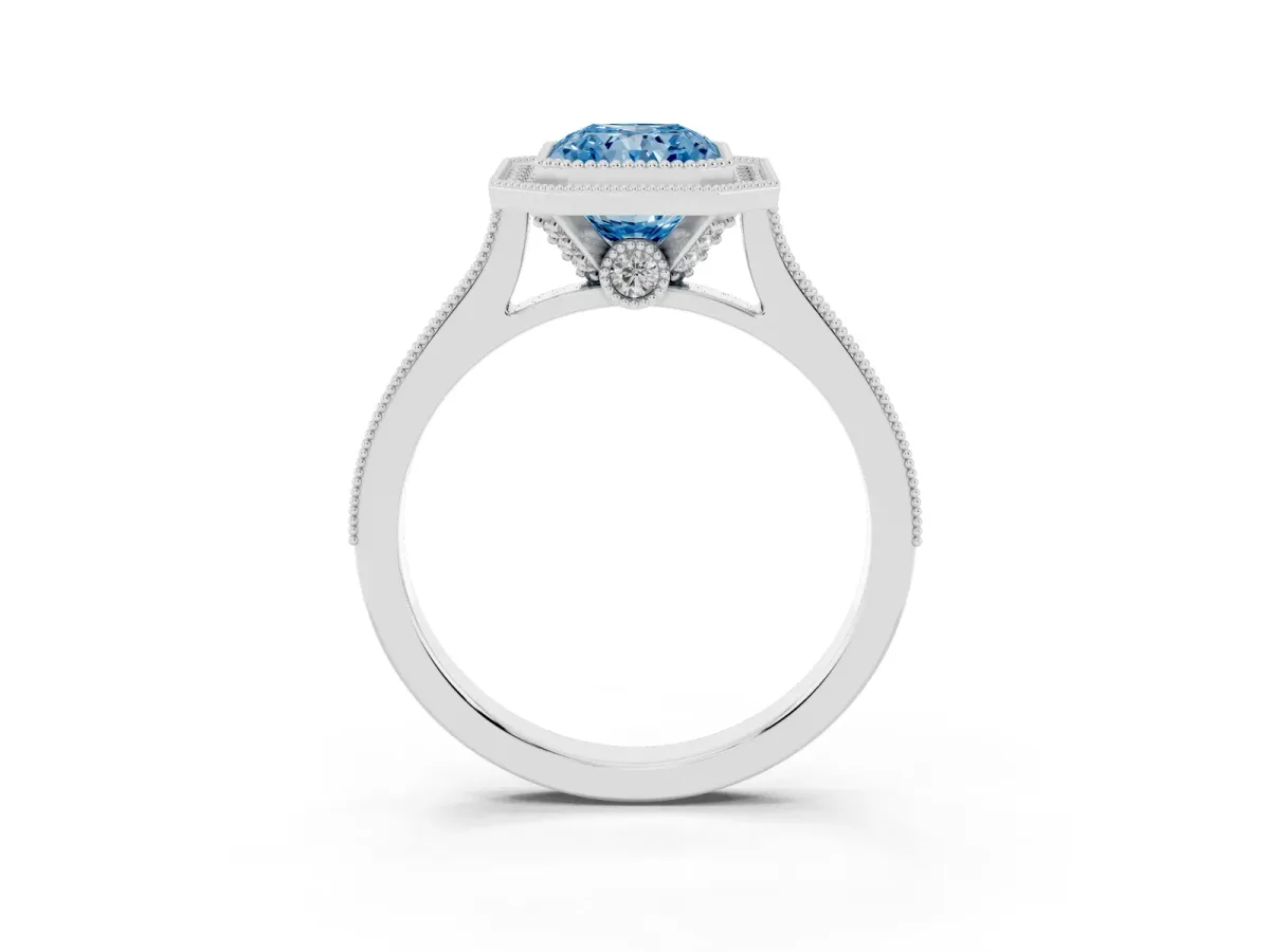 Fancy Blue Halo Radiant Cut-Cut Diamond Pave Band Milgrain Prong Setting Ring Silver