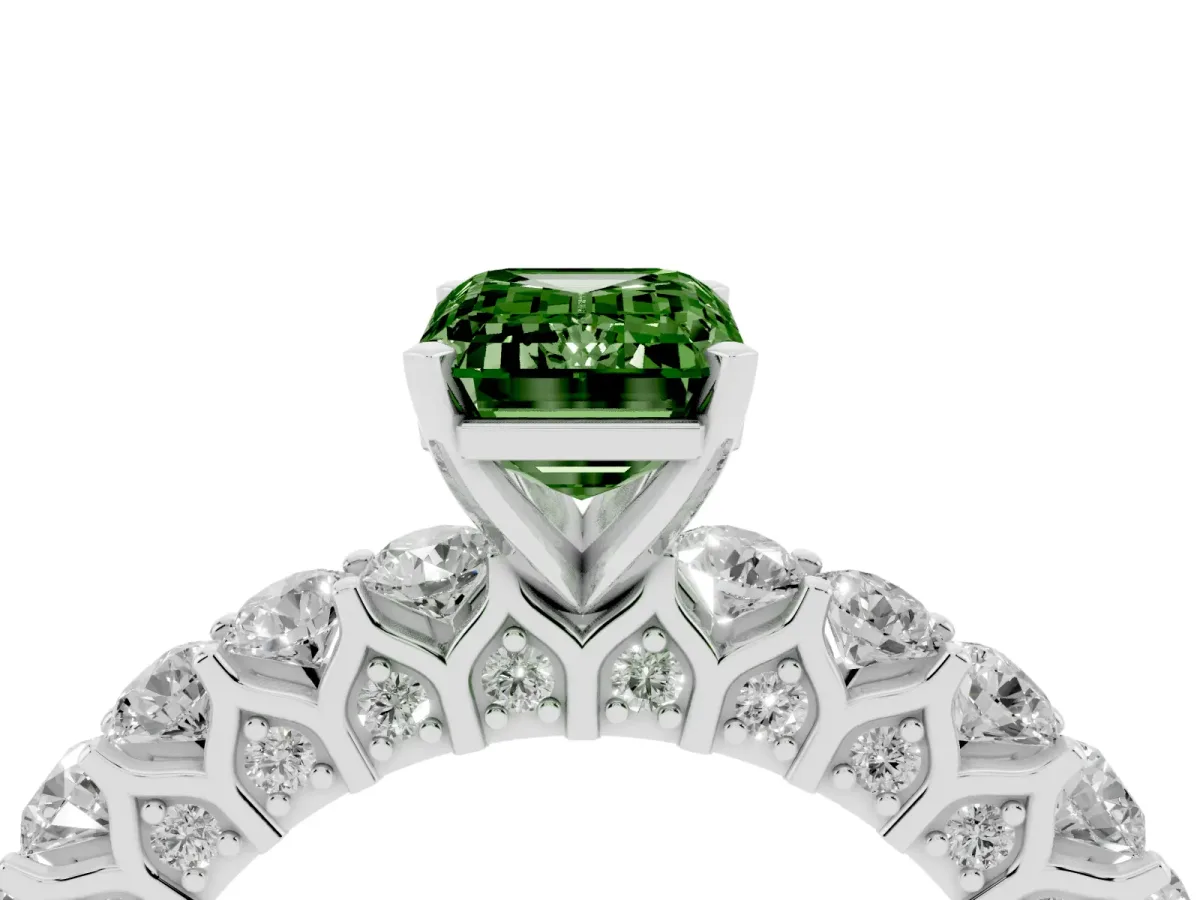 Fancy Green Emerald Cut Diamond Solitaire Ring with Shared Prong Pavé Band and Four-Prong Setting Silver